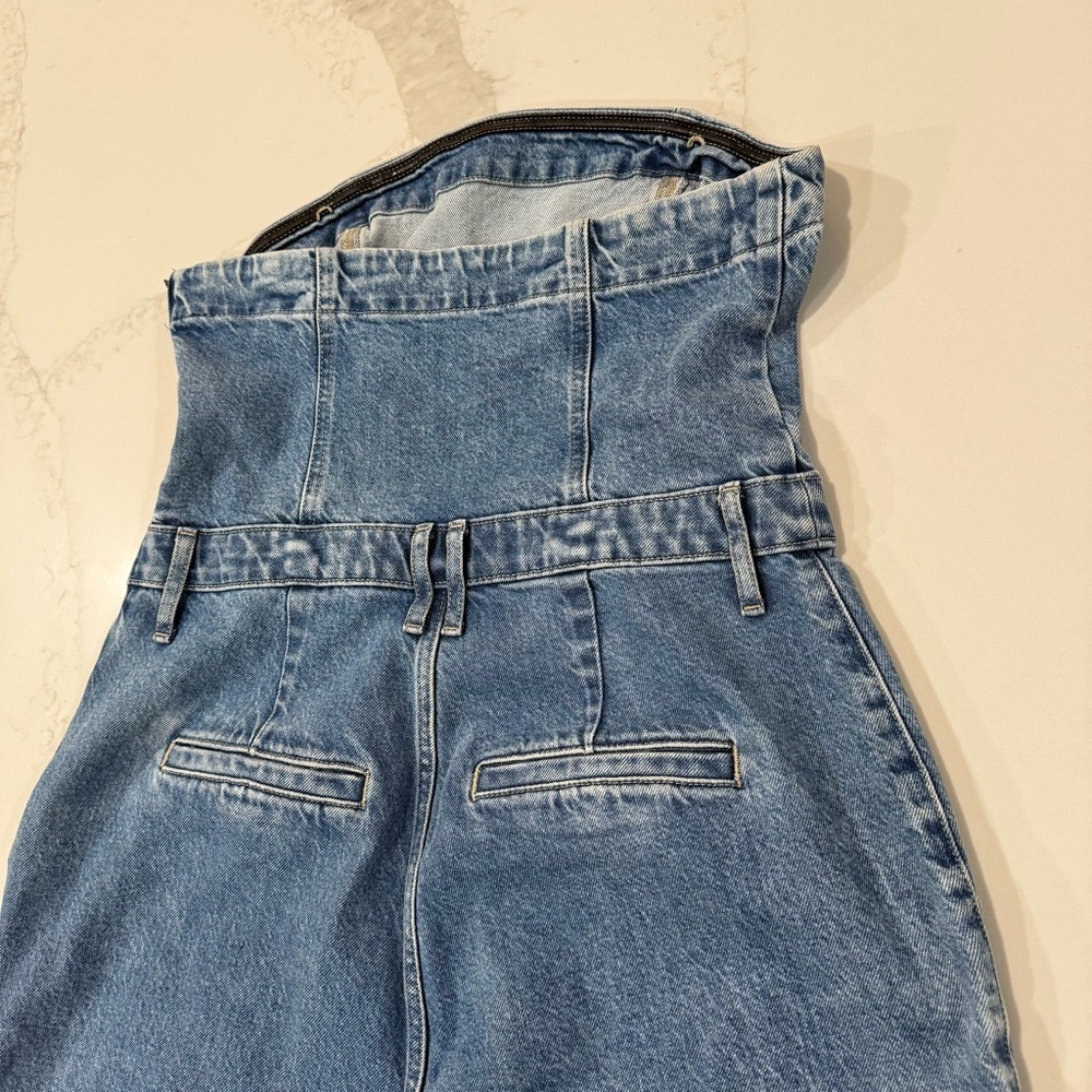 Express Strapless Wide Leg Cargo Denim Jean Jumpsuit Womens 12 Light Blue Wash - Picture 14 of 14